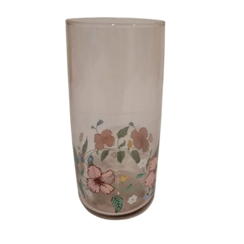 Vintage Anchor Hocking Smoky Glass – Pink Floral Design – Single Glass